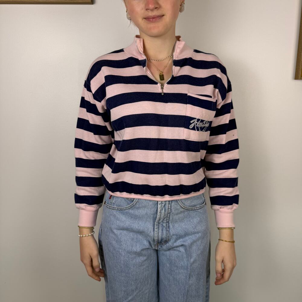 VINTAGE 90S DEB PINK AND BLUE STRIPE 3/4 ZIP SWEATSHIRT SIZE XS
